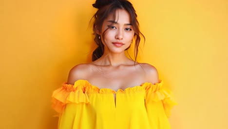 a woman in a yellow dress posing for a picture