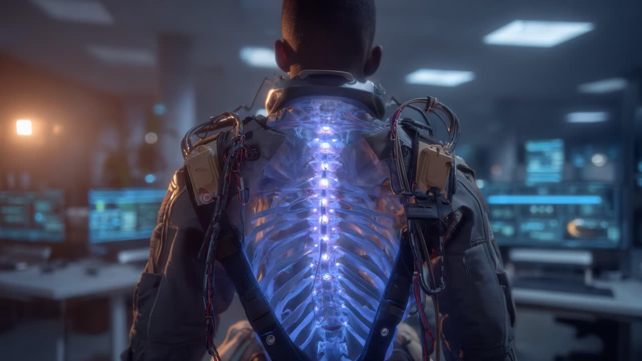 Futuristic Cybernetic Suit: A Close-Up View of a High-Tech Exoskeleton Highlighting the Glowing Spine in an Advanced Laboratory Setting