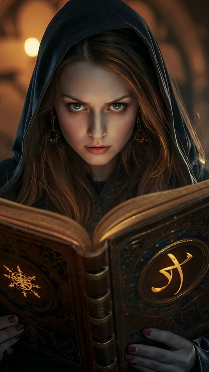 Vertical video: Hooded woman meeting viewer gaze reading glowing arcane book in candlelit study