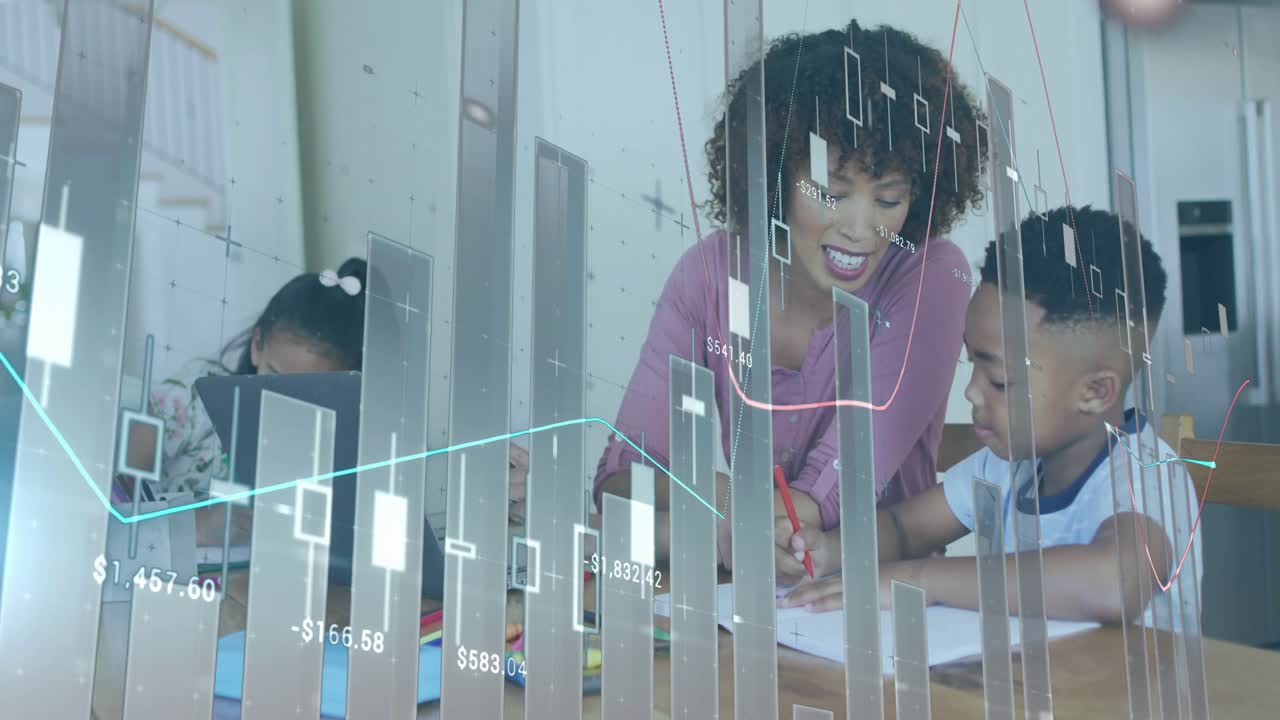 Animation of financial data processing over diverse woman and son using laptop for homework