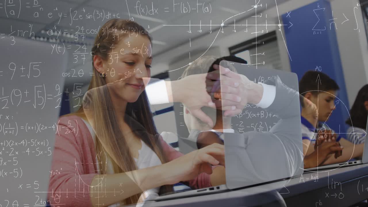 Animation of math formulas moving over caucasian girl using laptop at school