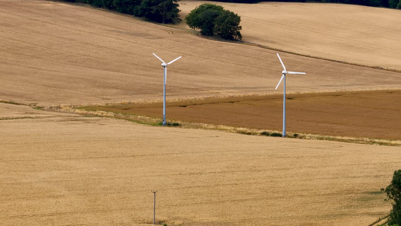 Two wind turbines slowly rotate in a sunlit, golden wheat field near Kinross, Scotland. Static wide shot with natural daylight and rural landscape