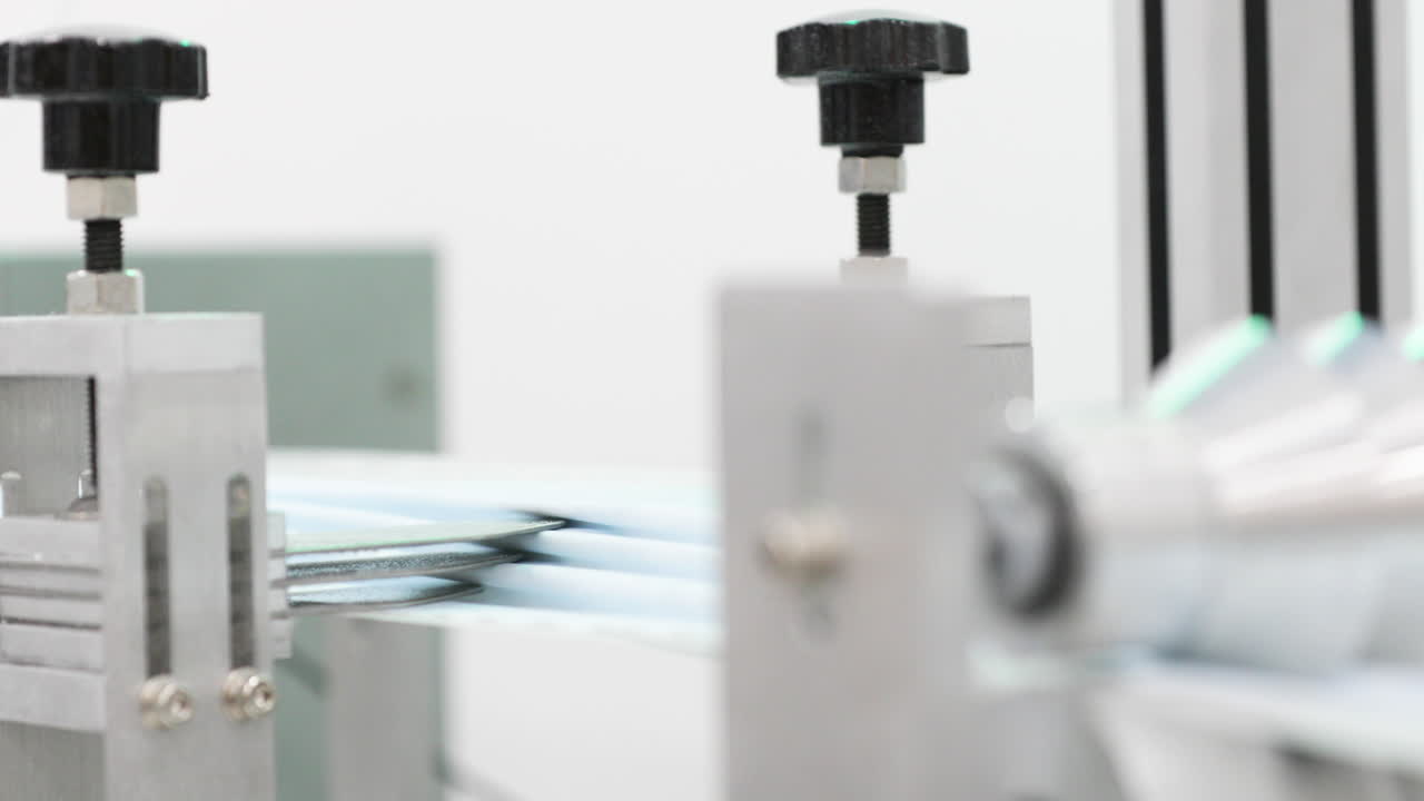 기계를 통과하는 안면 마스크용 파란색 패브릭 스트립은 접는 패턴을 만듭니다.