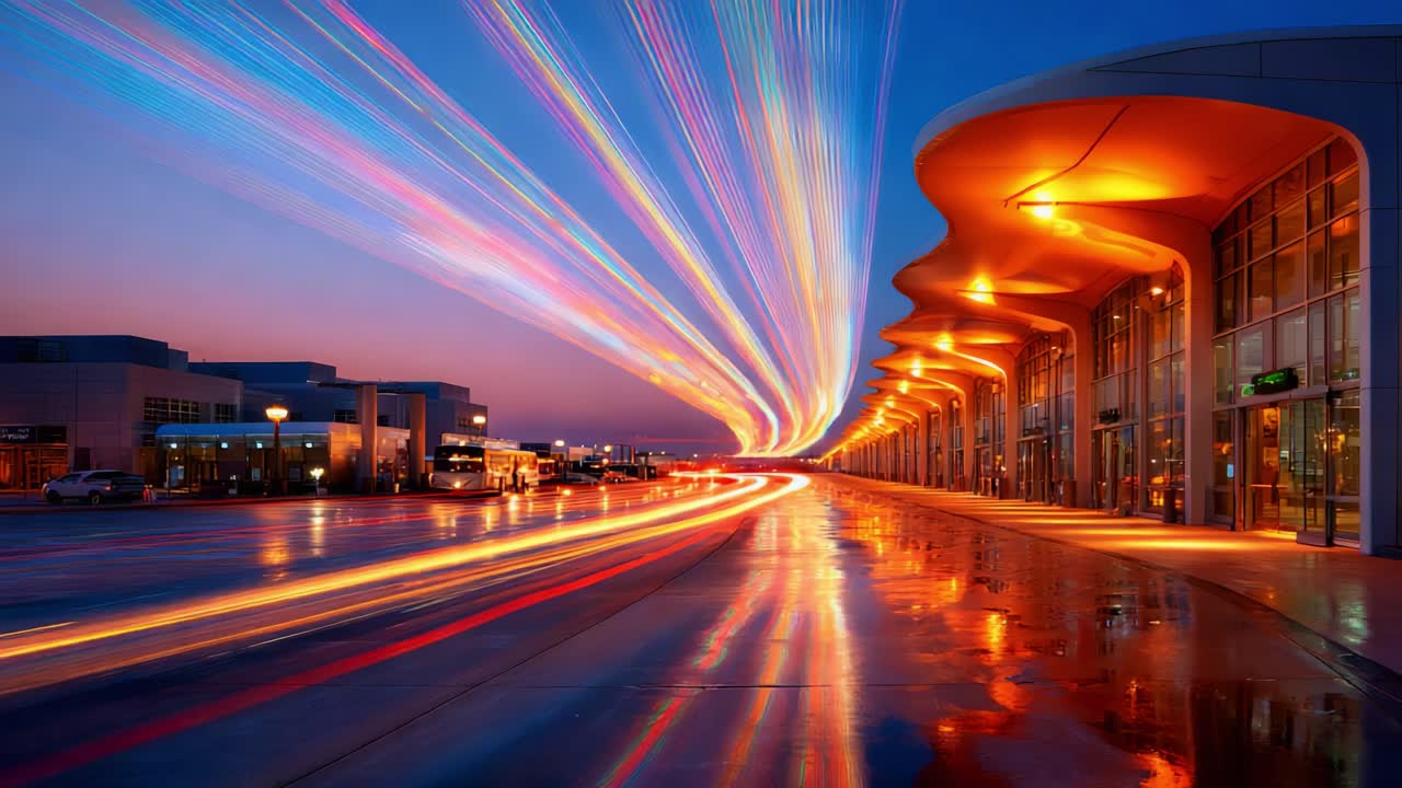 A Stunning Display of Light Trails at an Airport: Capturing the Dynamic Movement of Vehicles Against a Backdrop of Modern Architecture and Reflections during Twilight