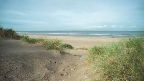 dunas cerca de la costa de una playa con gente caminando durante el día en la playa del mar del norte, holanda del sur, países bajos