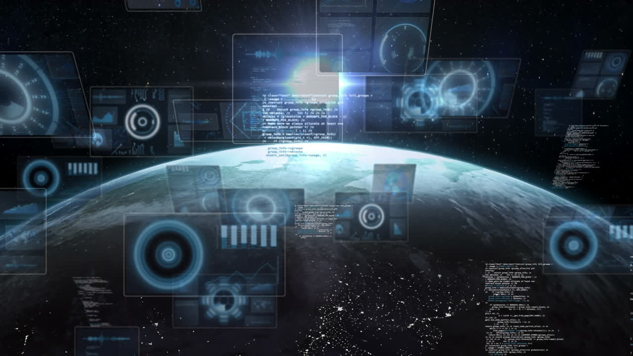 Animation of graphs, radars, computer language over globe against lens flare in background