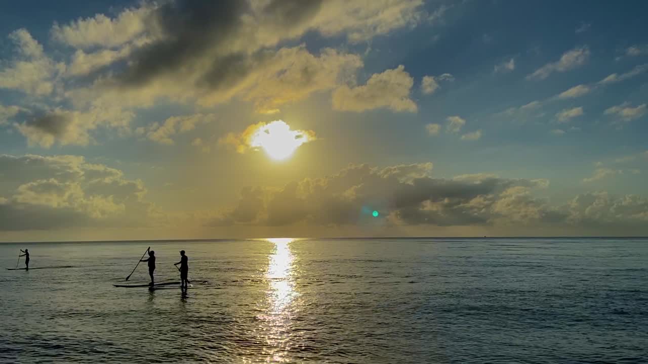 Early morning sunrise over a tranquil tropical ocean scene, with three paddle boarders in silhouette under a blue and gold sky, with the sun sparkling off the ocean, in north Queensland