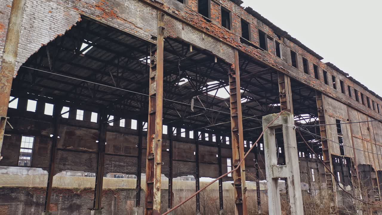 Abandoned ruined industrial factory building, ruins and demolition concept. Aerial view