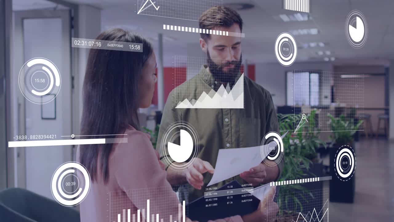 business team exchanging glances starting data talk pointing graph tapping tablet viewing 3D charts