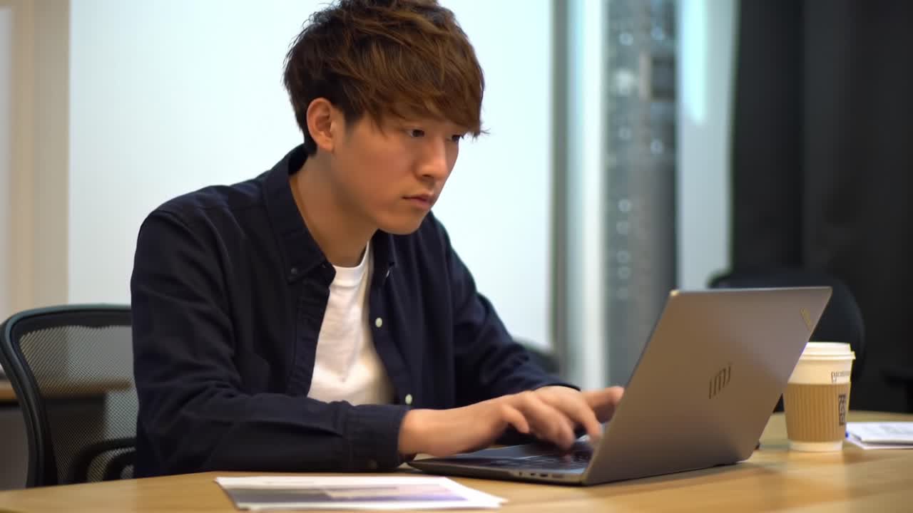 Focused Individual Engaged in Work on Laptop, Demonstrating a Productive Environment with Attention to Detail and Concentration on Tasks at Hand