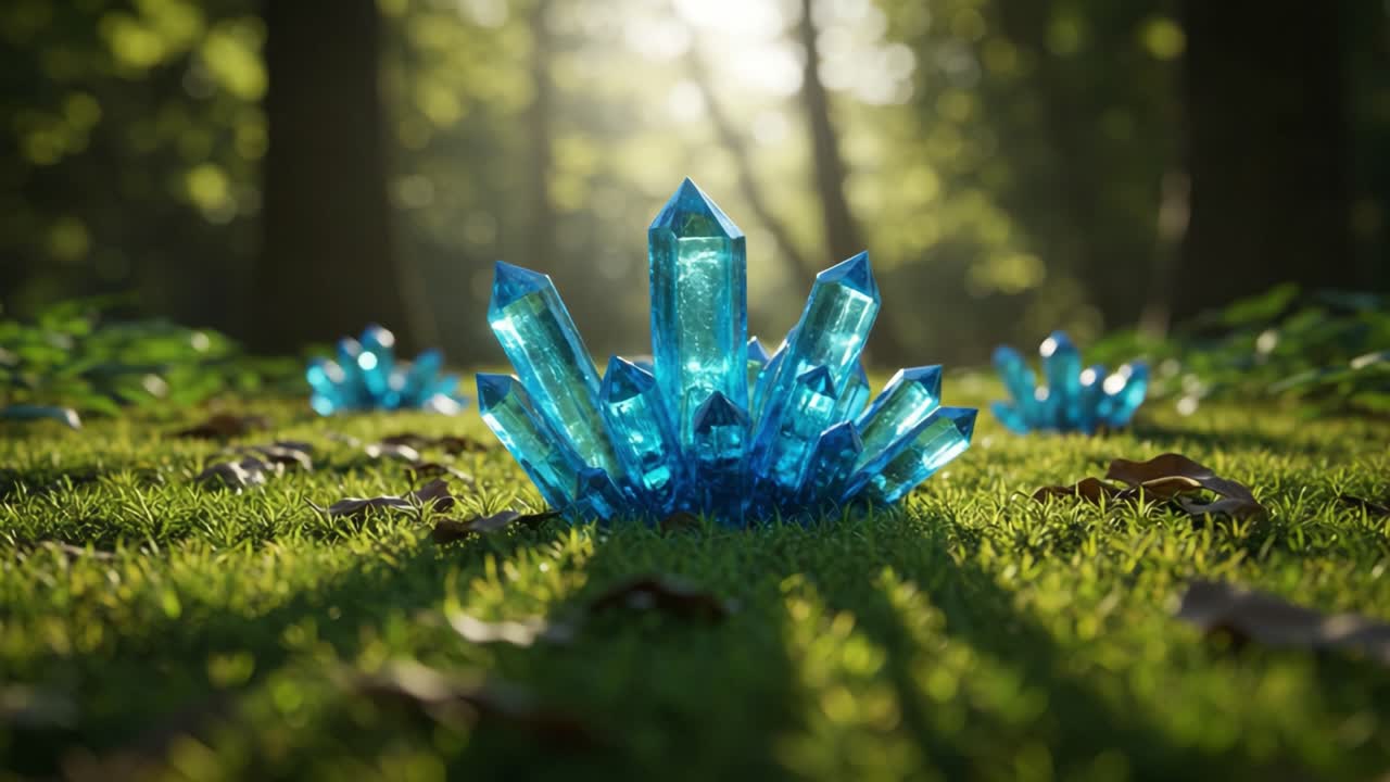 A Stunning Display of Blue Crystals Glimmering in a Sunlit Forest Setting, Surrounded by Lush Greenery and Sparkling Light Effects