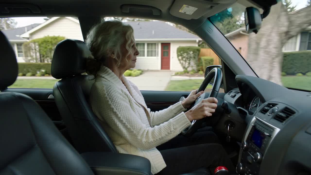 Driving senior woman wearing cream sweater as car moving through suburb, steering wheel, dashboard