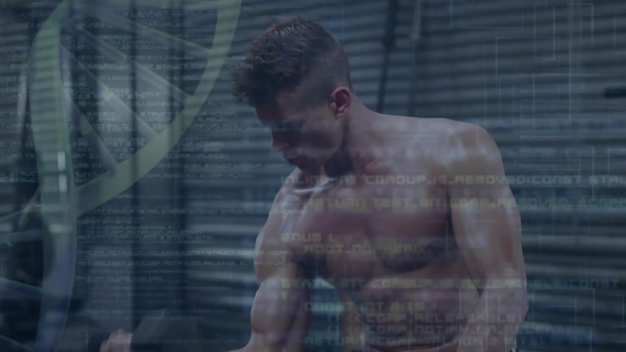 Rotating DNA helix overlaying code while man lifting dumbbell to show neural activation for health