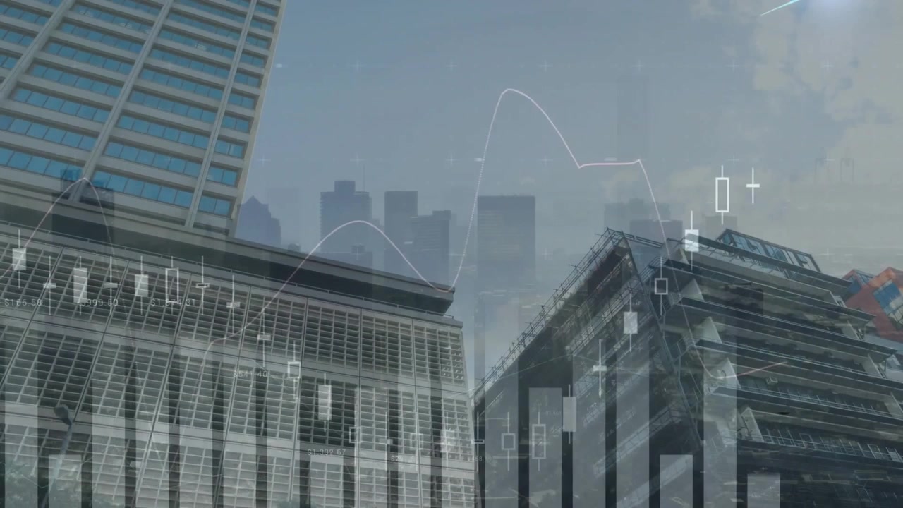 Overlejring af finansielle aktiemarkedsdata på moderne byskyskrabere
