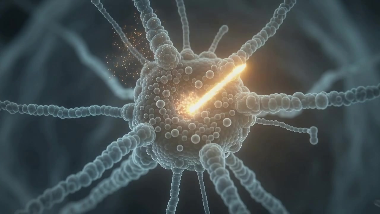 Soma neuronale che emette una scia di scintille dorate dal nucleo luminoso lungo il neurite per la segnalazione