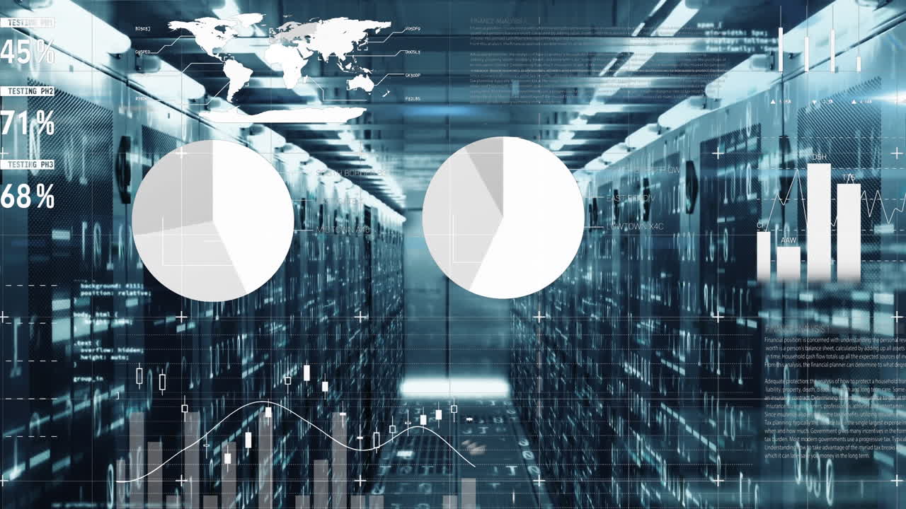 animación del procesamiento de datos estadísticos y cuadrados de mosaico sobre la sala del servidor informático