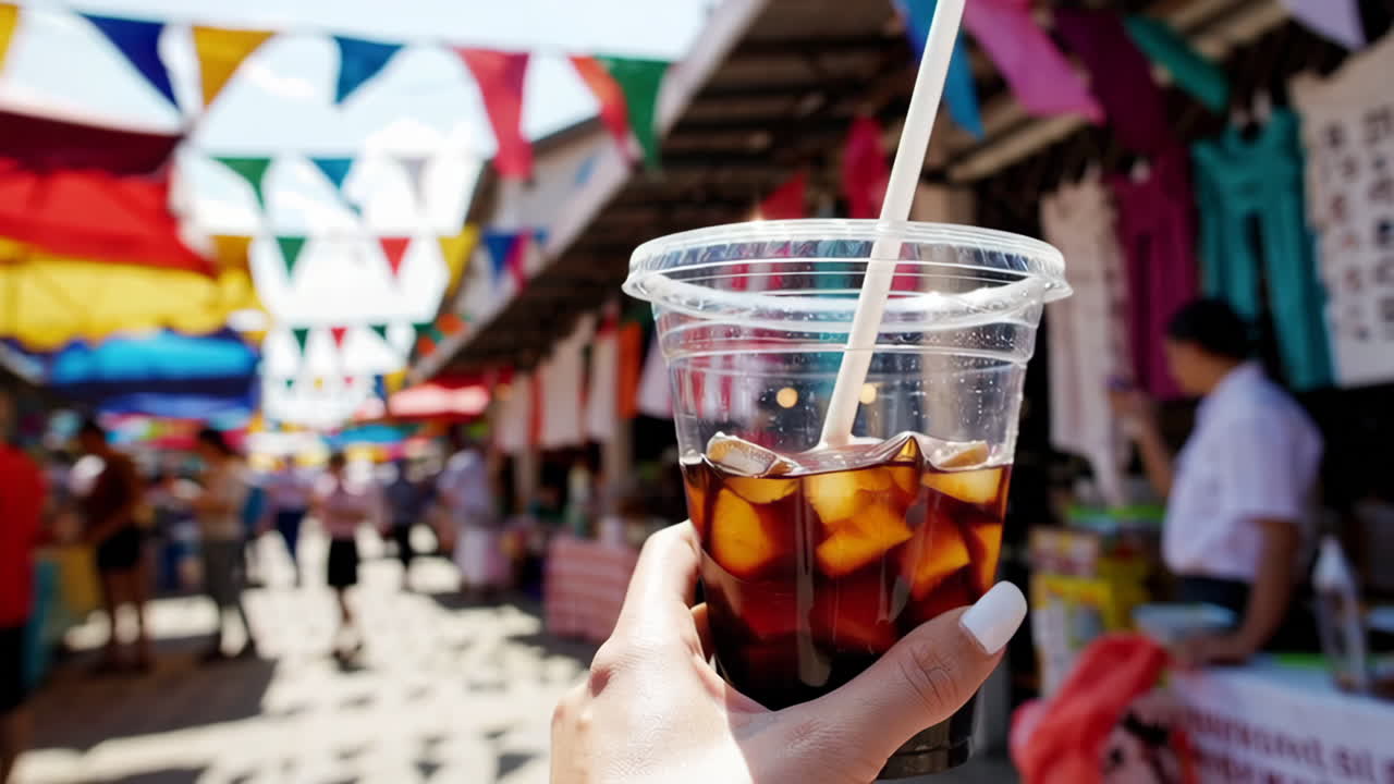 A refreshing cold drink at a bustling outdoor market under colorful banners