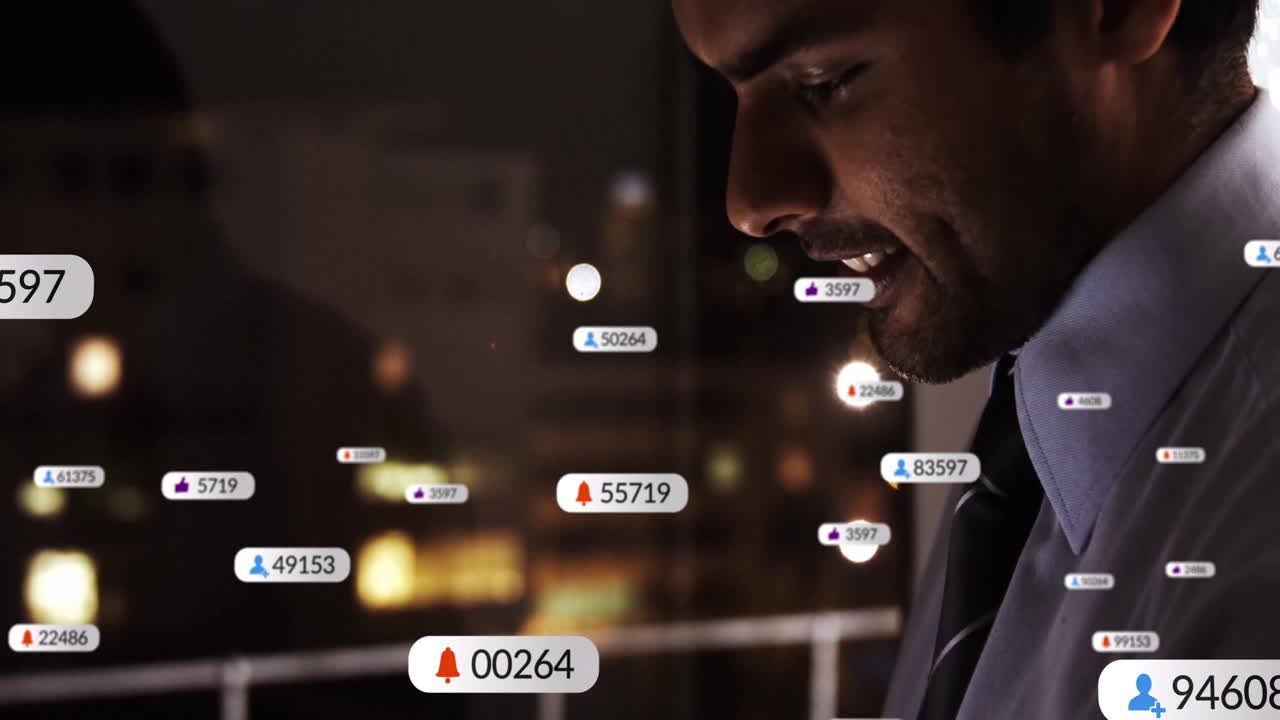 In urban setting, man interacting with animation of social media notifications