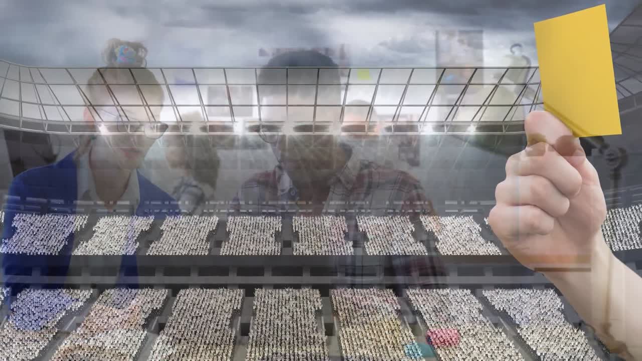 사무실에서 노트북을 사용하는 다양한 사업가들에 대한 스포츠 스타디움의 애니메이션