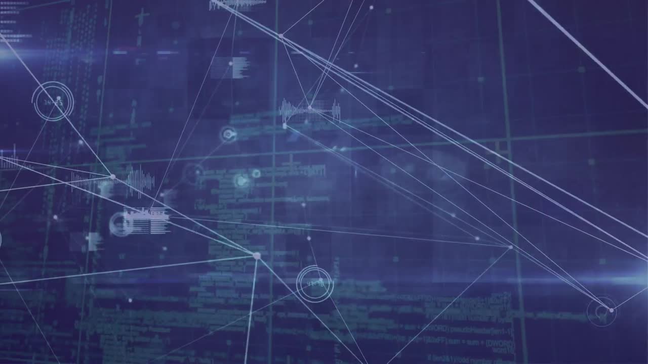 animación de la red de conexiones y procesamiento de datos sobre fondo azul