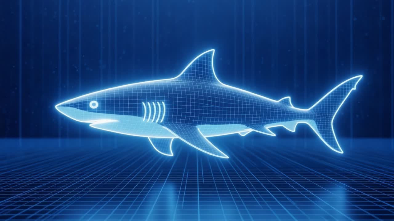A Stunning Visualization of a Shark Rendered in 3D with a Futuristic Neon Glow, Capturing the Majestic Power of One of the Ocean's Most Iconic Predators in an Innovative Style