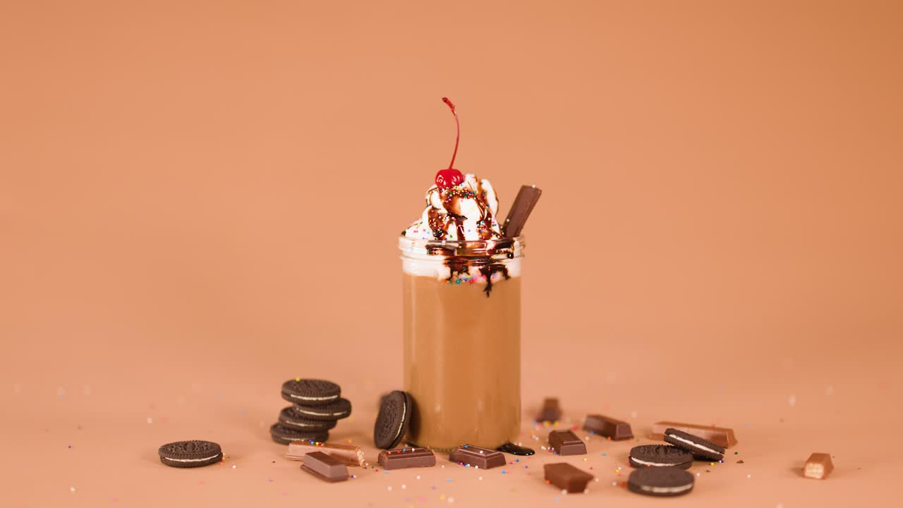Hand places striped straw into chocolate milkshake topped with whipped cream, cherry, and syrup