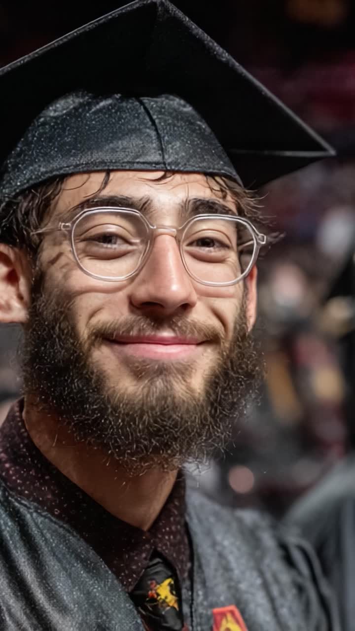 En stolt student som firar akademiska framgångar i studentmössa och toga med ett glädjefullt leende, fångar essensen av minnen och prestationer från examensdagen