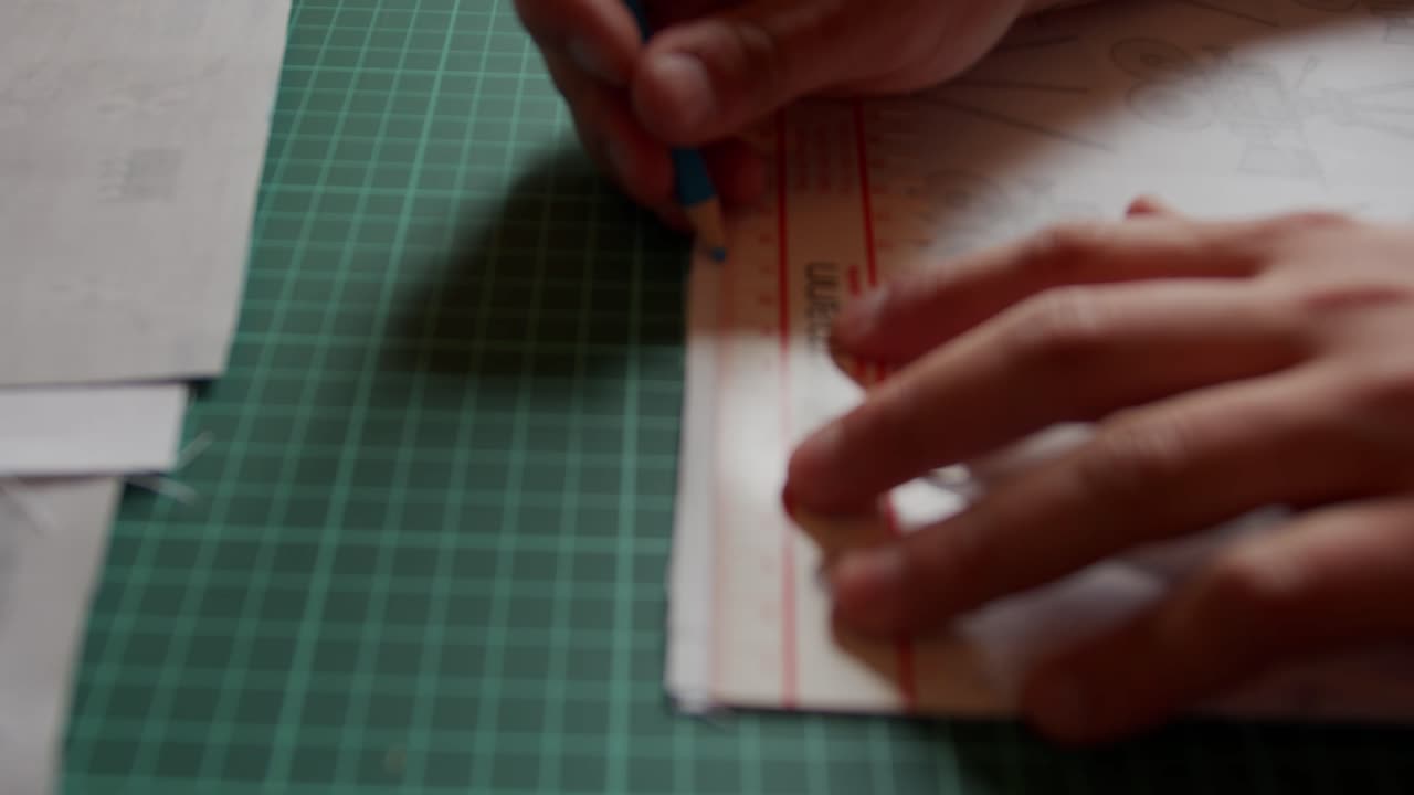 Marking on fabric with ruler to measure. Slow motion. Backward motion.