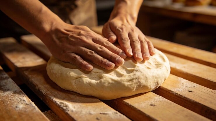 Pressing baker palms shaping round dough ball on wooden slatted workbench, wearing brown apron