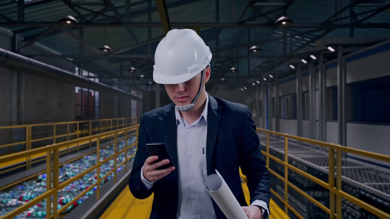 Vista frontale di uomo d'affari asiatico che usa lo smartphone, con in mano un progetto, mentre cammina e ispeziona le operazioni di un impianto di riciclaggio della plastica con nastro trasportatore di bottiglie.