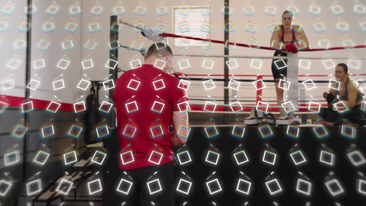 Male boxer putting on gloves, throwing punches at heavy bag, overlay appearing, joining women