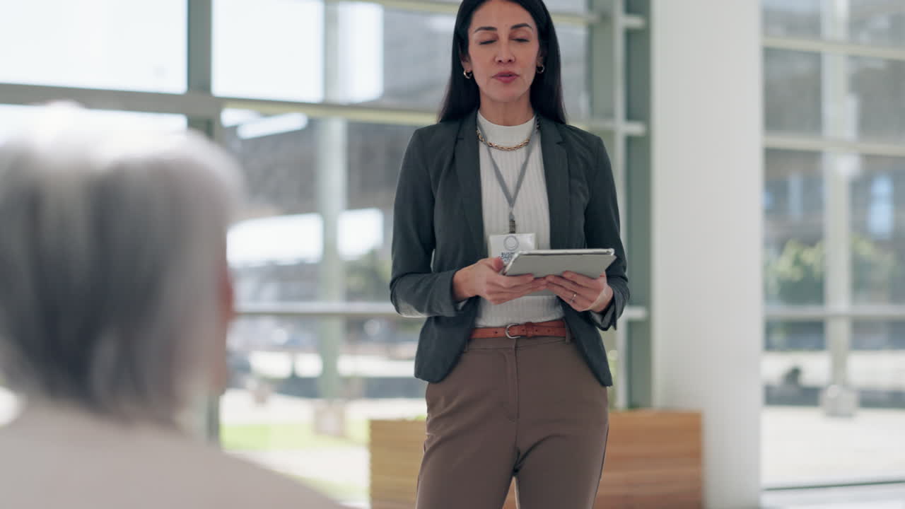 Tablet, question and a woman speaker giving
