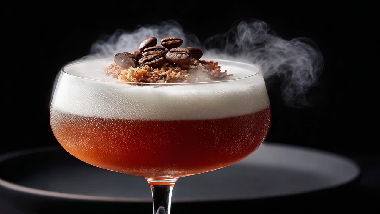 A Stunningly Crafted Cocktail with a Rich Coffee Aroma, Topped with Crunchy Garnish and Steaming Whispers, Showcasing Sophistication and Class in Mixology