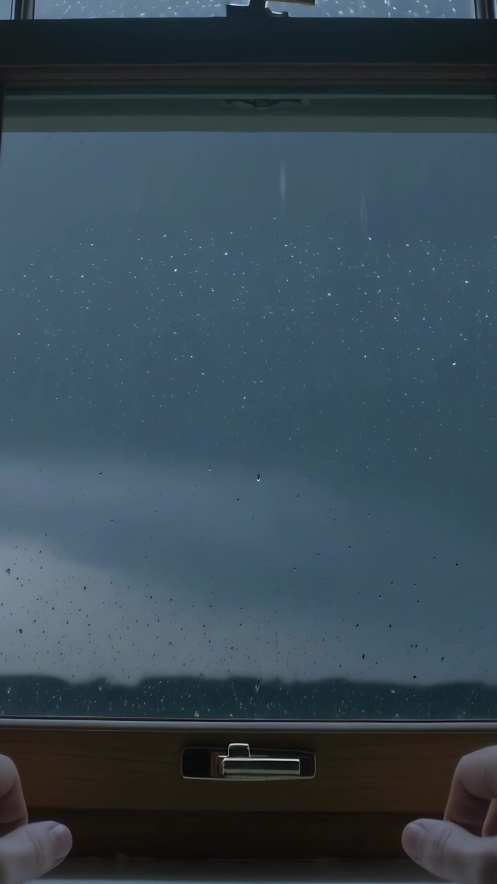Video verticale: Vedendo la pioggia, mani in maniche scure che alzano una finestra sul tetto per rivelare la linea degli alberi, davanzale.