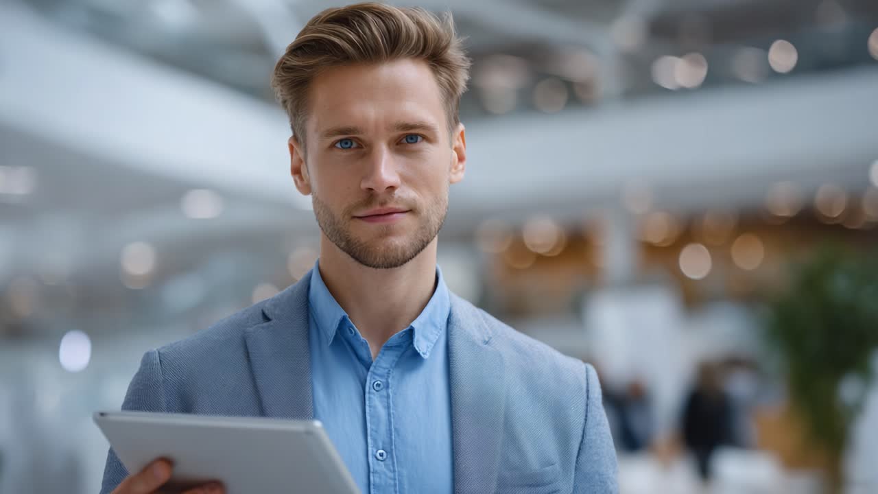 Confident Professional Holding a Tablet in a Bright, Modern Environment, Radiating Determination and Focus, Perfect for Business or Technology Themes