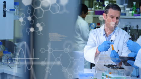 animación de fórmulas químicas y procesamiento de datos sobre diversos científicos que hacen experimentos