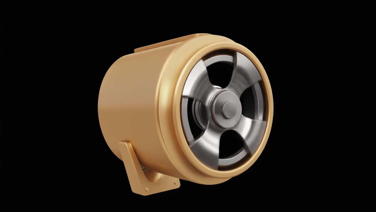 3D-animeret ventilator, der snurrer på sort baggrund