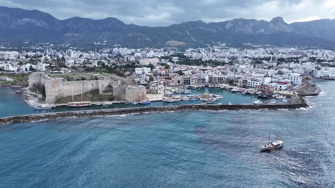 Aerial View of the Ancient Port and Kyrenia Castle in Kyrenia, the Pearl of Northern Cyprus