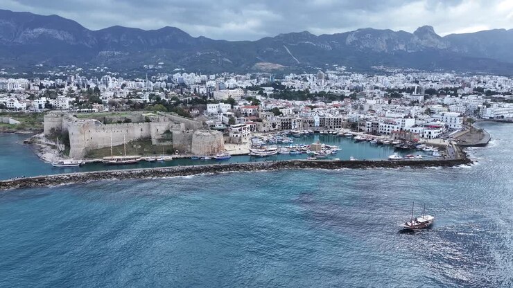 Aerial View of the Ancient Port and Kyrenia Castle in Kyrenia, the Pearl of Northern Cyprus