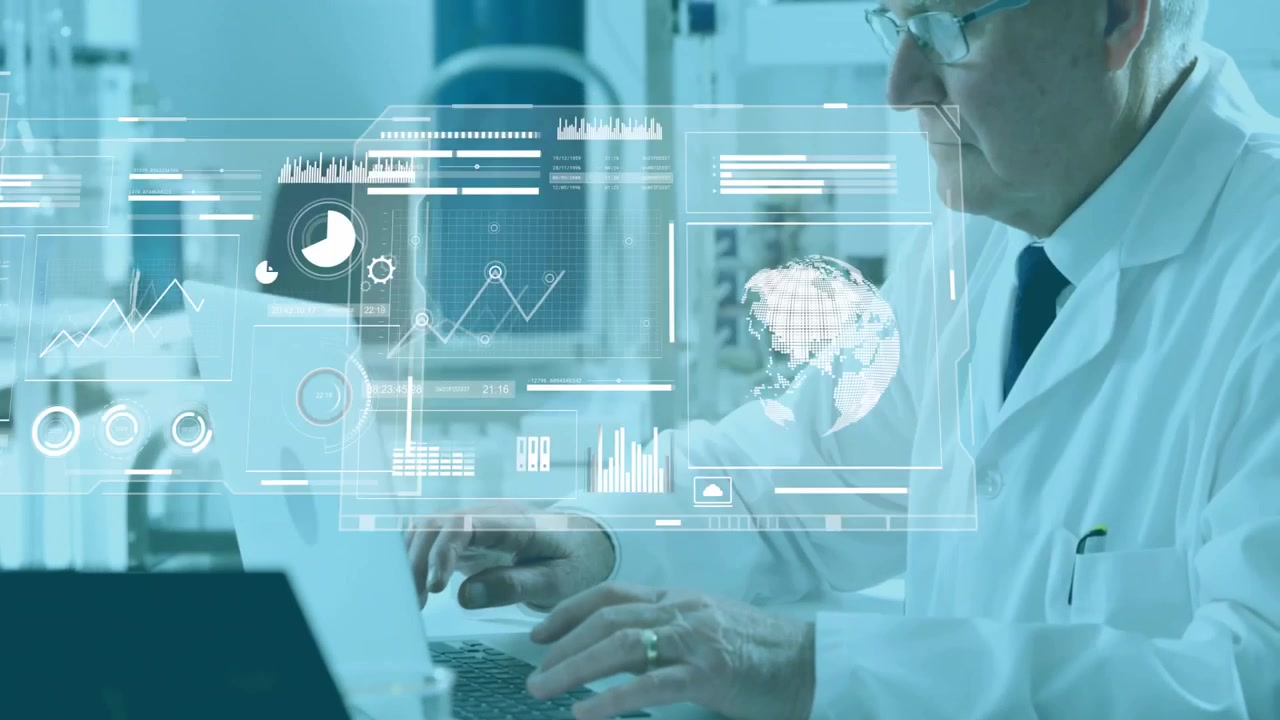 Scientist Analyzing Data on Laptop in Laboratory with Digital Overlays