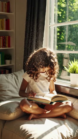 a young girl reads a book by a sunny window in a home library