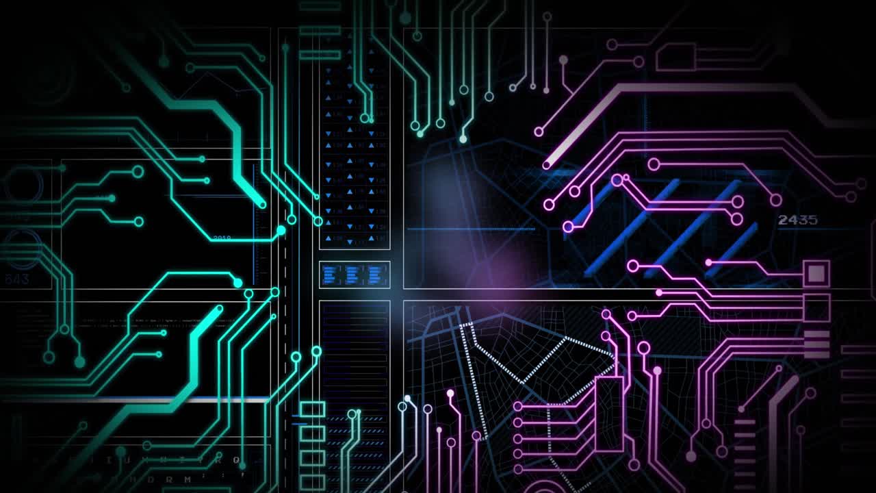 회로판 패턴, 로딩 바, 화살표, 검은 바탕의 내비게이션 패턴의 애니메이션