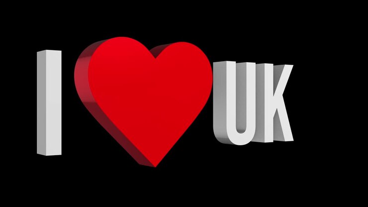 Jeg elsker Storbritannien. Tekst og hjerte 3D. Alpha-kanal