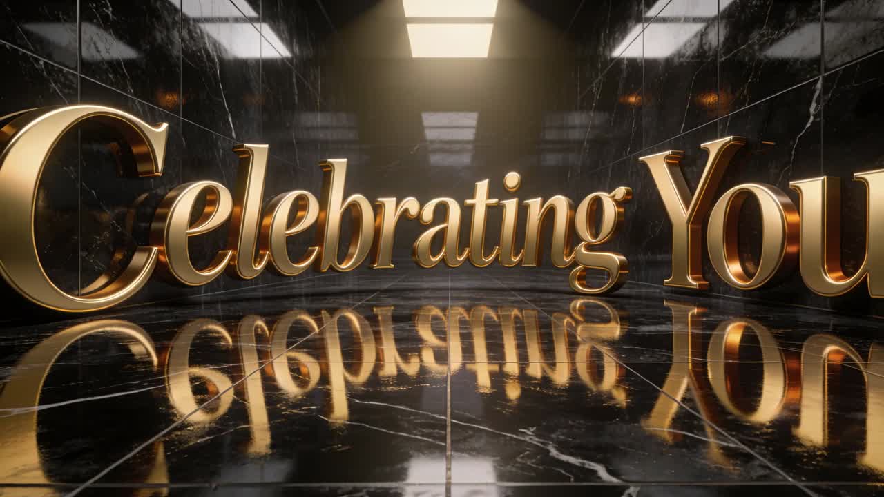 Moving camera revealing gold Celebrating You text on black marble, skylight serving as title reveal