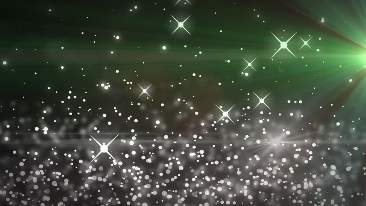 Starting dark backdrop, bokeh drifting, sparkles fading in, green beam pulsing, looping shimmer