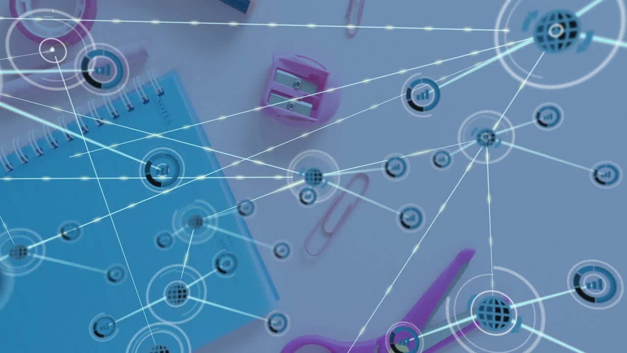 Icono brillante emergiendo sobre un sacapuntas, emitiendo haces que conectan nodos de escritorio, formando una superposición de red.