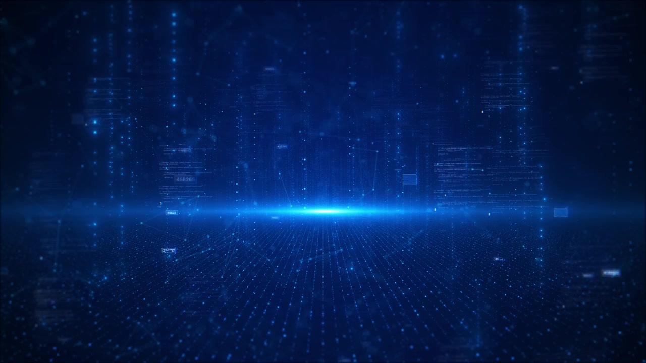 Blue futuristic data grid interface glowing flare code panels digital dots and network style depth