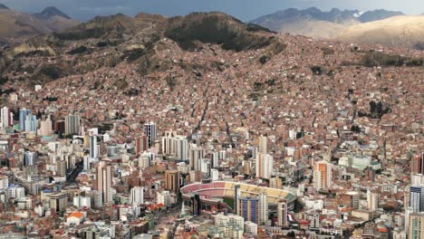 La-Paz-Bolivia-Stadium,-Aerial-Above-Hernando-Siles-in-Miraflores-Town,-Capital-City,-Slum-in-Latin-American-Neighborhood-in-Andean-Cordillera-Mountain-Range