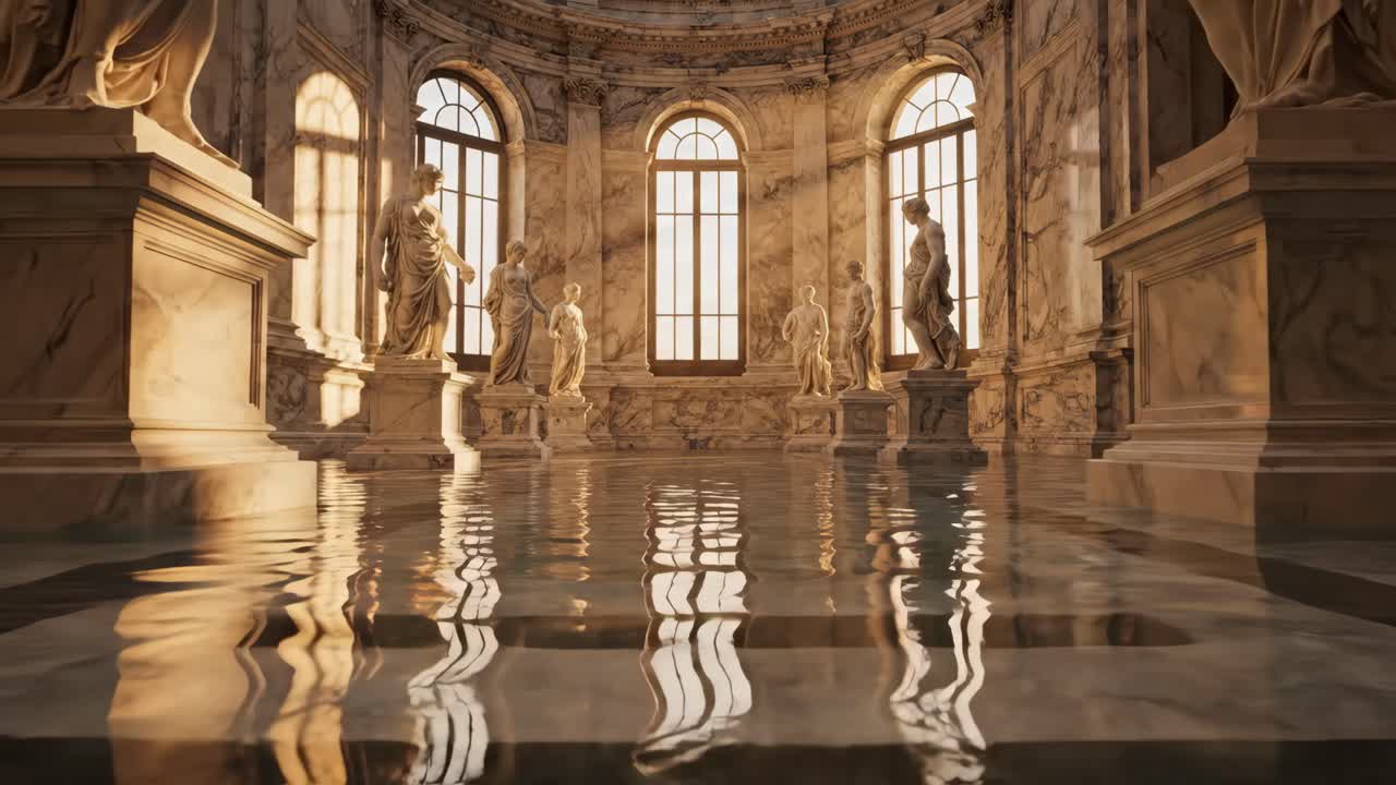 Hall with Statues and Water Reflections
