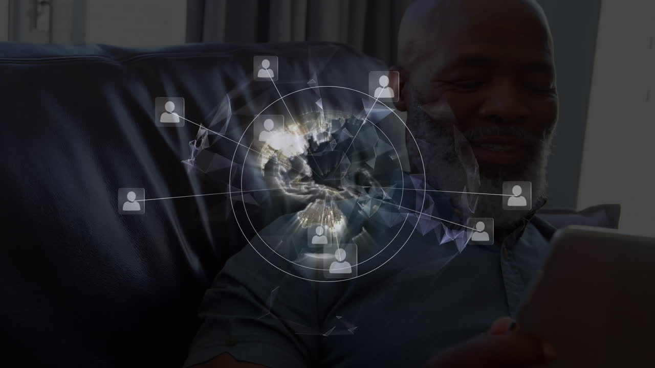 Animation af forbindelsesnetværk med ikoner over en mand der bruger tablet